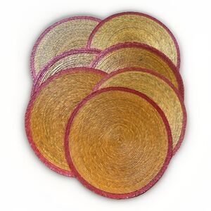 Woven Jute Sisal Raffia 16” Natural Red Trim VTG Boho Cottage Placemats Set (8)